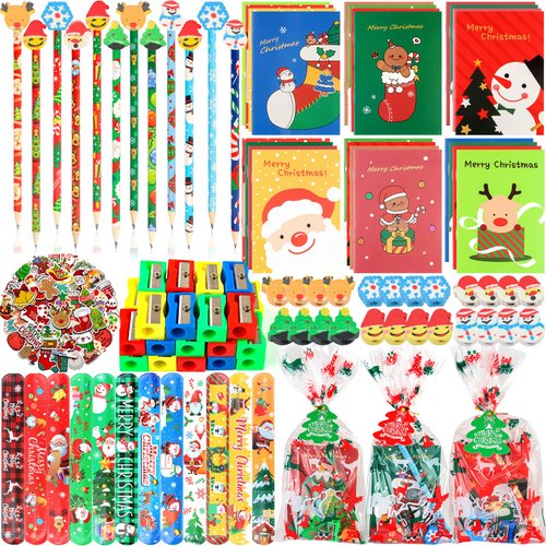 Christmas Stationery Party Favors for Kids, 24Pack Christmas School Stationery Set with Christmas Pencils Mini Notebooks Erasers Stickers, Christmas Classroom Gifts for Students, Holiday Gifts