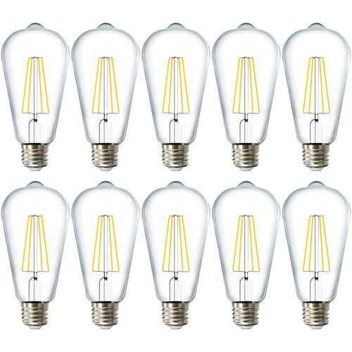 Sunco 10 Pack 60W Vintage LED Edison Bulbs Equivalent 8.5W CRI92 800 Lumens, Dimmable ST64 Filament 3000K Warm White E26 Medium Base Light Bulbs High Brightness Clear Glass Waterproof UL
