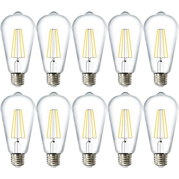 Sunco 10 Pack 60W Vintage LED Edison Bulbs Equivalent 8.5W CRI92 800 Lumens, Dimmable ST64 Filament 3000K Warm White E26 Medium Base Light Bulbs High Brightness Clear Glass Waterproof UL