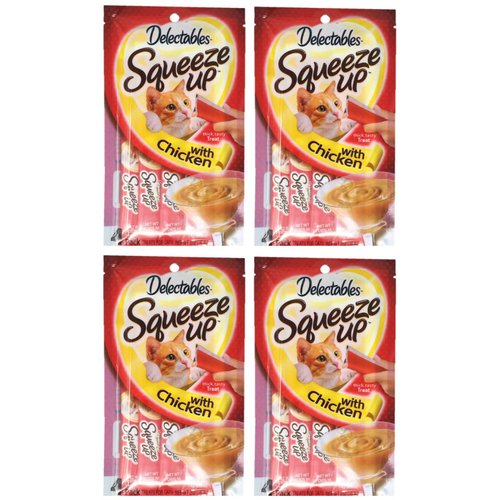 Delectables Squeeze Up Hartz Cat Treats Bundle of 4 Flavor Pouches, 2.0 oz Each (Chicken)