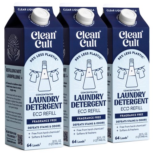 Cleancult Laundry Detergent Refills (32oz, 1 Pack) - Laundry Soap that Defeats Stains & Odors - Free of Harsh Chemicals - Paper Based Eco Refill, Uses 90% Less Plastic - Fragrance Free