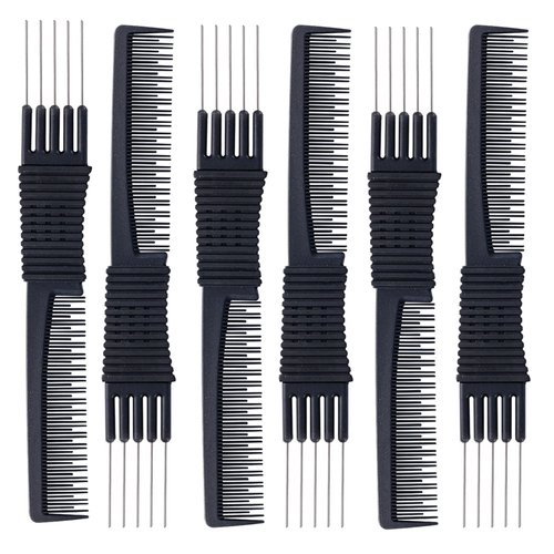 6 Pack Black Carbon Lift Teasing Combs with Metal Prong, Hair Styling Comb Lift Teasing Comb Salon Teasing Back Combs with Stainless Steel Lift (Black)
