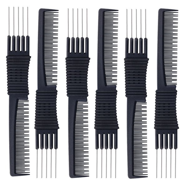 6 Pack Black Carbon Lift Teasing Combs with Metal Prong, Hair Styling Comb Lift Teasing Comb Salon Teasing Back Combs with Stainless Steel Lift (Black)