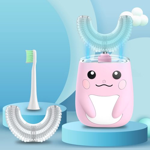 RZM® Kids Automatic Sonic Toothbrush- 2 Ergonomic U-Shaped Toothbrush and 1 Regular Brush Head, Six Modes for 360° Sensitive Oral Tooth Cleaning(Pink)
