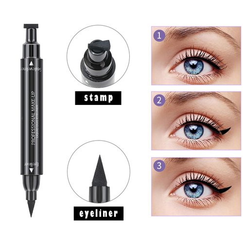 Dual Ended Black Liquid Eyeliner - 2 in 1 Winged Cat Eye Stamp & Felt-tip Eyeliner Pen, Waterproof, Long Lasting and Smudge Proof Eye Makeup Tool for Women