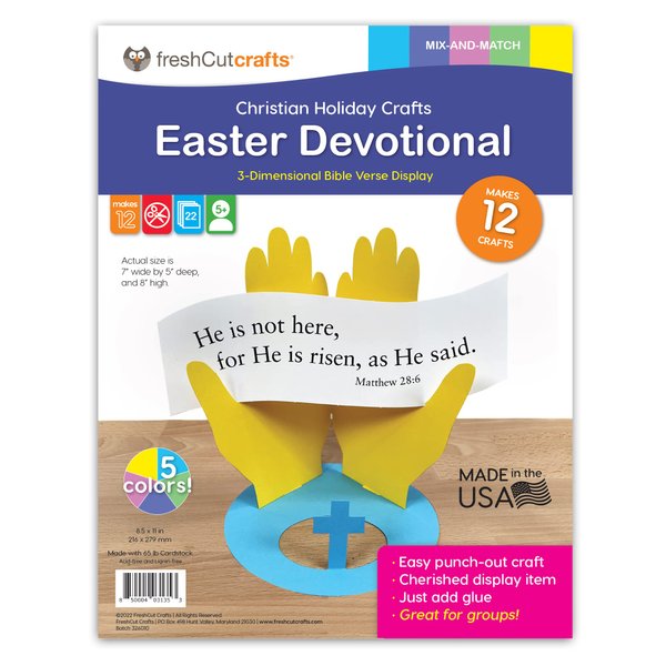 FreshCut Crafts Easter Devotional Matthew 28:6 "He is Risen Punch-Out Paper Bible Craft Kit 12 Pack: Creative Easter Verse & Color Creation Ideas for Children's School Projects, Home & Church Events