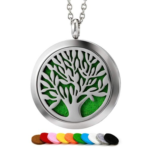 Aromatherapy Essential Oil Diffuser Necklace Jewelry - Aromatherapy Jewelry - 316L Surgical Grade Stainless Steel, 24" Chain + 10 Washable Pads Girls Women Jewelry (Life of tree)