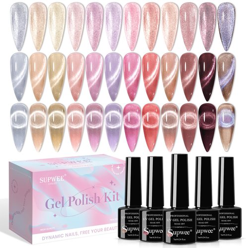 SUPWEE Crystal Cat Eye Gel Nail Polish 12 Colors Cateye Magnetic Nail Polish Gel Silver Nude Pink Cats Eye Gel Polish with Magnetic Stick Christmas Nail Art Manicure Salon DIY Home Gift for Women