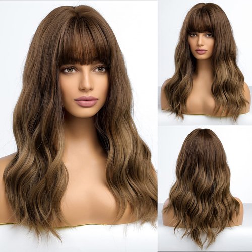 HAIRCUBE Long Wave Brown Wigs With Bangs,Ombre Brown Curly Wigs for Women Heat Resistant Synthetic Wigs