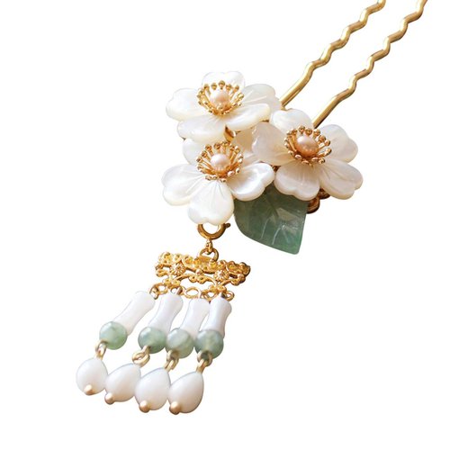 Original Handmade Brass Classical Hair Clasp Shell Pearl Decor Chinese Traditional Style Hair Sticks Shawl Pins Picks Hair Sticks, Hairpin (L : 15.00 cm) (15 cm) (15 cm)