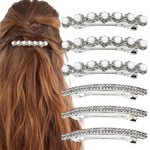 6 PACK Rhinestone Bling Hair Clip, Sparkly Crystal Wedding Hair Barrettes, Pearl French Metal Spring Hair Grip Clips, Two Row Rhinestone Ponytail Hair Clips Hair Accessories for Women Girls