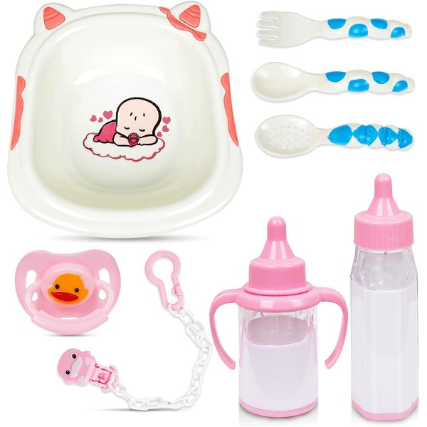 MYREBABY 8 Piece Baby Doll Feeding Set with Accessories,Baby Doll Accessories Set, Pretend Play Supplies， Makes The Best Imaginative Toy Gift for Toddlers/Girls