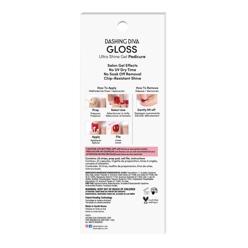 Dashing Diva Gloss Pedicure Nail Strips - Shocking Pink | UV Free, Chip Resistant, Long Lasting Gel Pedicure Stickers | Contains 22 Nail Wraps, 1 Prep Pad, 1 Nail File