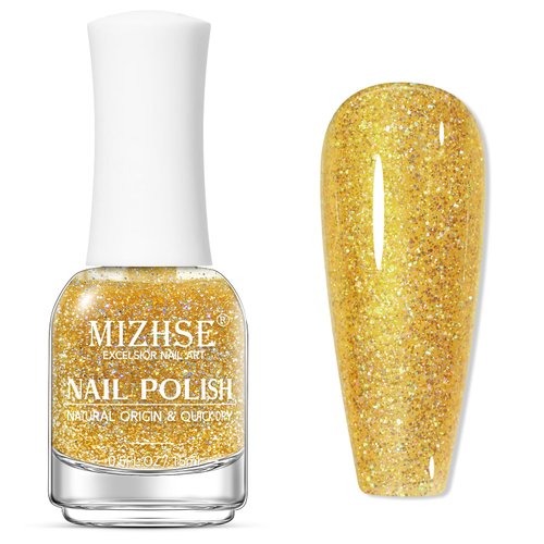 MIZHSE Quick Dry Nail Polish, Glitter Gold Nail Polish Non Gel Air Drying Fast, 15 ml Regular Spa...