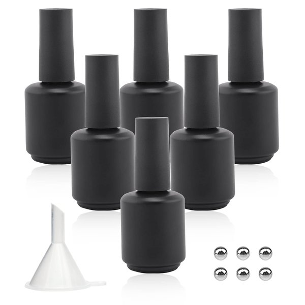 Agidea Empty Gel Nail Polish Bottles, 15ML Empty Nail Polish Bottles with Brush Matte Black, Opaque Round Refillable Fingernail Polish Bottles UV Safe with Mixing Balls & Funnels, Pack of 6