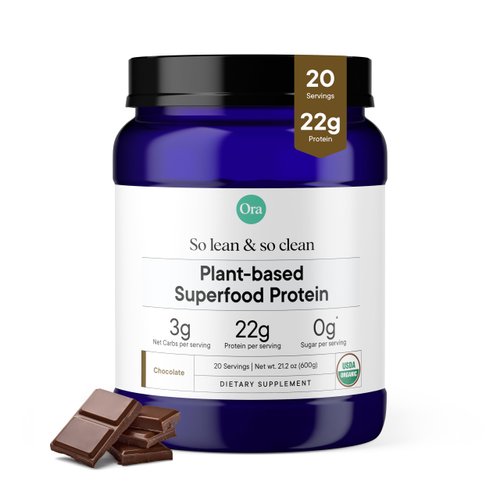 Ora Organic Vegan Protein Powder - 22g Plant Based + Super Food for Women and Men - Chocolate Flavor 20 Servings, Digestive Enzyme, Paleo, Gluten Free