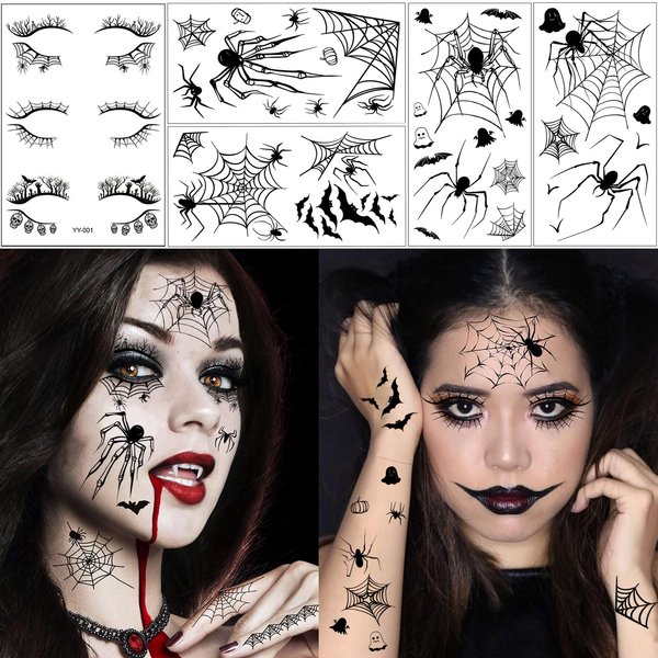 6 Pairs Halloween Eye Shadow Stickers Eyeliner Decals Spider Web Skull Bat Temporary Tattoo Stickers Face eye Makeup Stickers for Women Girls Halloween Masquerade Party.