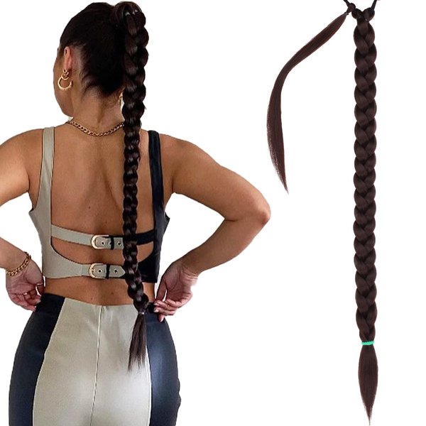 Xtrend Long Braided Ponytail Extensions Pre-braided Straight Wrap Around Hair Extensions 34 Inch Ponytail Natural Soft Synthetic Hair Pieces for Women Daily Wear (Chocolate Brown 4#)