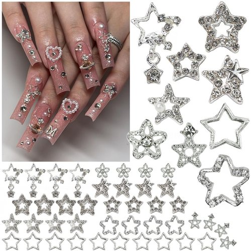 qiipii 42Pcs Star Nail Charms for Acrylic Nails 9 Styles 3D Silver Stars Nail Rhinestones Nail Gems Jewels Pentagram Cute Crystal Diamond Alloy Studs Nail Art Supplies Decor for Nails Face Makeup DIY