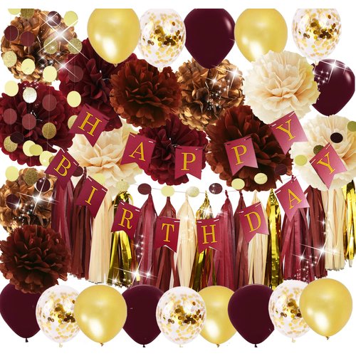 Burgundy Gold Birthday Party Decorations for Women/Maroon Gold Fall Birthday Decorations Happy Birthday Banner Balloons Women Burgundy 30th/40th/50th Birthday Party Decorations