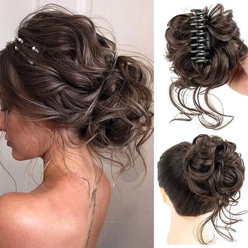 WZNBBOY Messy Bun Hair Piece Claw Clip Synthetic Chignon Tousled Updo with Tendrils Hair Extensions Hair Bun Curly Wavy Faux Hair Bun Hair Scrunchies Hair Accessories for Women（Dark Brown）