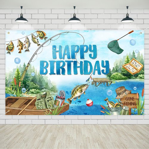 Avezano Gone Fishing Banner Gone Fishing Happy Birthday Backdrop Fishing Theme Background for Kids Men Birthday Party Kids Fishing Party Supplies 70.8 x 43.3 inch