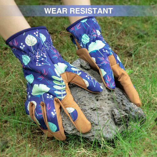 WOHEER Leather Gardening Working Gloves for Women, Abrasion Garden Gloves Scratch Resistant Breathable for Weeding, Digging, Planting, Raking & Mowing (Medium)