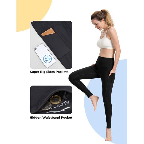 ALONG FIT Leggings with Pockets for Womens Workout Leggings Tummy Control Compression High Waisted Yoga Pants Black Leggings for Women