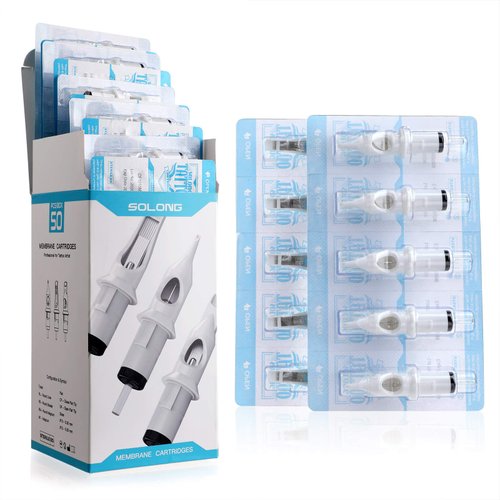 Solong Tattoo Cartridge Needles (50PCS Mixed RL RM M1) 10 Sizes, Tatttoo Needles #12 0.35mm Standard Disposable Tattoo Cartridges with Membrane Assorted Size Round Liner/Round Magnum EN02D-50KIT-F