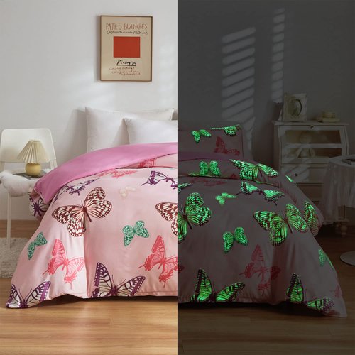 Erosebridal Butterfly Bedding Set Glow in The Dark Comforter Cover Twin for Girls Kids Bedroom Glow Decor Duvet Cover Boys Teens Animal Colorful Butterfly Print Bedding Collections with 1 Pillowcase