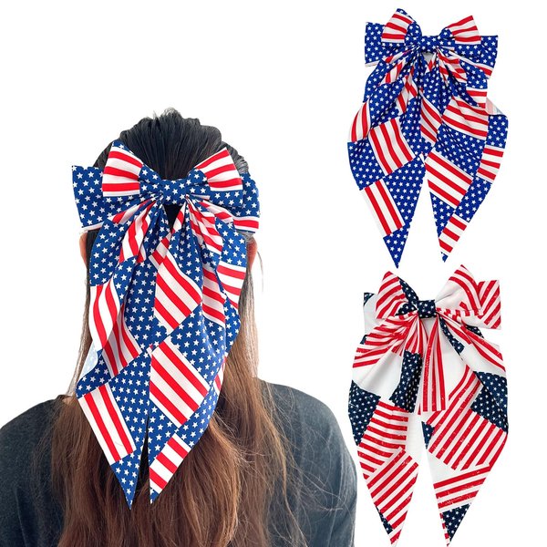 Vsdski Women's Hair Clip Bow - 4th of July & Party, Patriotic Long Tail Hair Ribbon Bowknot Hair Barrettes, Nonslip Alligator Clips, 2pcs