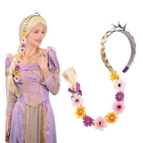TEBIEKOY Princess Rapunzel Long Braided Wig Headbands Princess Dress up Wigs Hairpiece with Flowers for Halloween Christmas Party Costume Hair Accessories