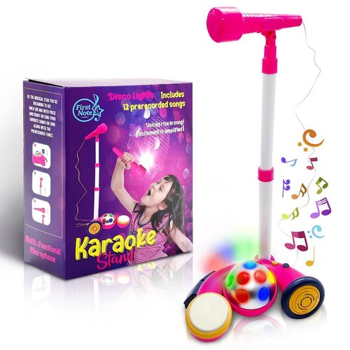 Kids Microphone with Stand, Sing Along Kids Karaoke Machine, Musical Singing Toy, Microphone for Kids with Flashing Stage Lights and Pedals for Fun Sound Effects by First Note USA, Pink