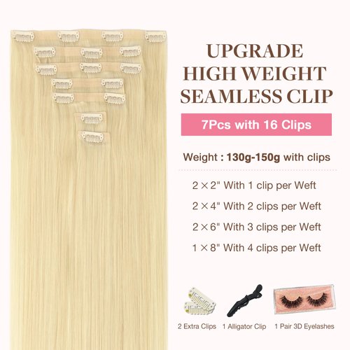GOO GOO Clip in Hair Extensions Real Human Hair, 16inch 130g 7Pcs, 613R Bleach Blonde, Remy Human Hair Extensions Clip ins for Women, Natural Human Hair