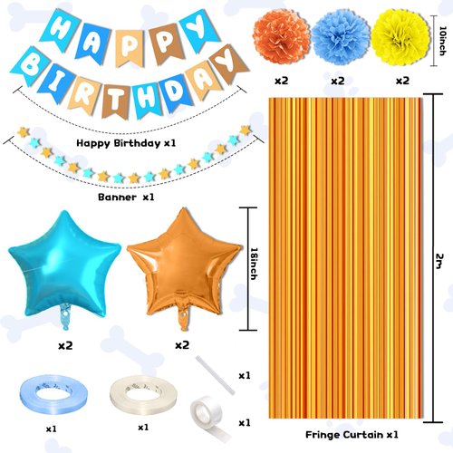Blue and Orange Birthday Decorations,Dog Paw Balloons Party Decorations for Boys Girls with Blue Yellow Orange Balloons Happy Birthday Banner Orange Fringe Curtain Tissue Paper Pompoms Star Garland