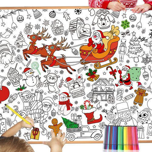 HOWAF Giant Christmas Coloring Poster with 24 Paint Pens, Jumbo Paper Coloring Banner or Tablecloth for Kids Indoor Arts and Crafts Activity, Coloring Table Cover Banner for Christmas Party Supplies