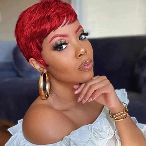 Kubiblue Pixie Cut Glueless Wigs Wear and Go Wig Burgundy Wine Red Short Pixie Cut Human Hair Wigs for Women None Lace Front Wig 99J Pixie Cut Wigs with Bangs for Daily Wear(99J)