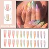 MISUD Press on Nails Long Stiletto Fake Nails Glossy Glue on Nails Colorful French Tip Acrylic Nails Almond Artificial Nails Rainbow Fire Stick on False Nails with Design 24 pcs