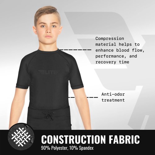 Elite Sports Rash Guards for Boys and Girls, Short Sleeve Compression BJJ Kids and Youth Rash Guard (Black, Medium)