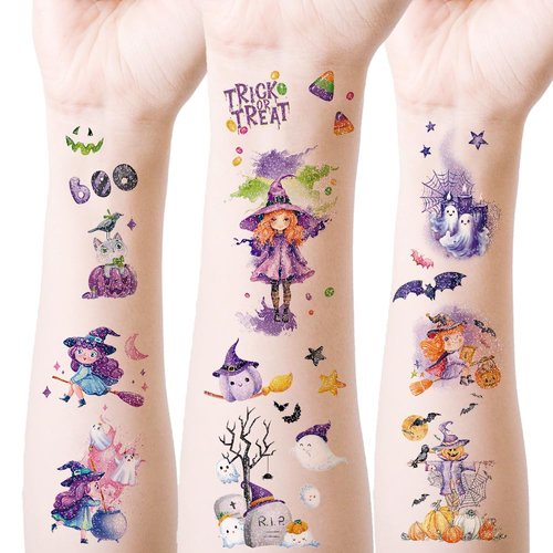 Oottati 15 Sheets Glitter Cute Halloween Decal Pumpkin Witch Broom Ghost Magic Bat Spider Temporary Tattoos Suit for Kids