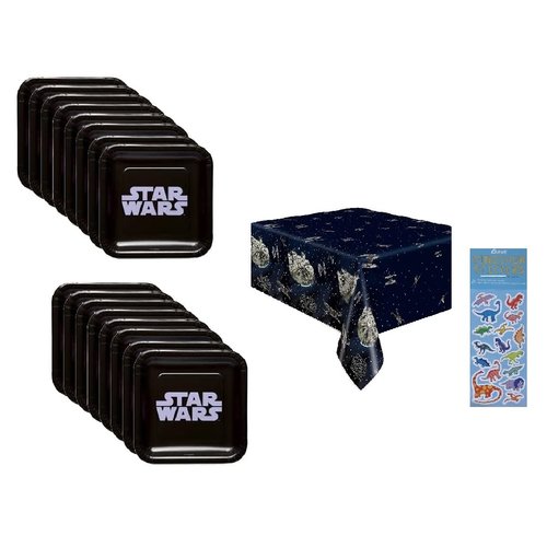 Star Wars Classic Birthday Party Supplies Bundle Pack includes 16 Paper Plates, 1 Plastic Table Cover, 1 Dinosaur Sticker Sheet (Bundle for 16)