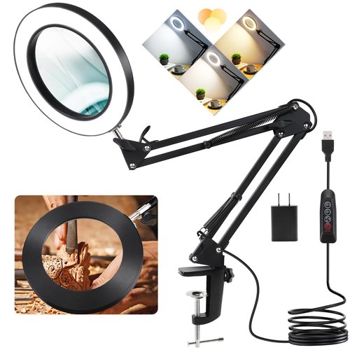 10X Magnifying Glass with Light and Clamp, Veemagni 3 Color Modes Stepless Dimmable Real Glass LED Lighted Magnifier, Adjustable Swing Arm Desk Lamp Hands Free for Close Works Crafts Repairing Sewing