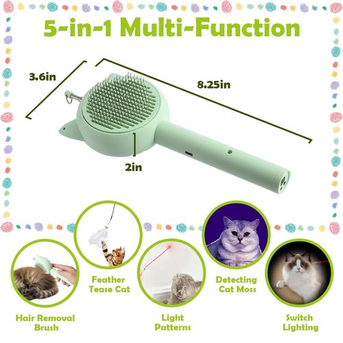 Jaxbo Cat Brush Toy，5-in-1 Interactive Cat Toys Retractable Cat-Teasing Wand，Pet Grooming Self Cleaning Brush， Light Up Cat Toy with Five Light Patterns