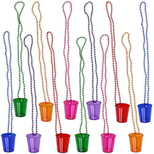 Iconikal Shot Glasses on Beaded Necklace, Assorted Colors 12-Pack - Durable Plastic 2 oz. Shot Glasses, Tailgating & More