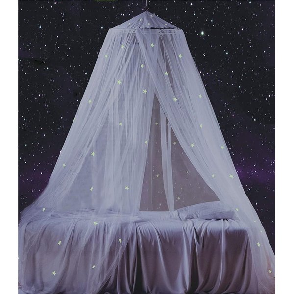 South to East Bed Canopy with Fluorescent Stars Glow in Dark for Kids, Girls Or Adults, Starry Night Bed Canopy Fit Kid Beds, Girls Beds, Twin Or Full Size Beds, Fire Retardant Fabric