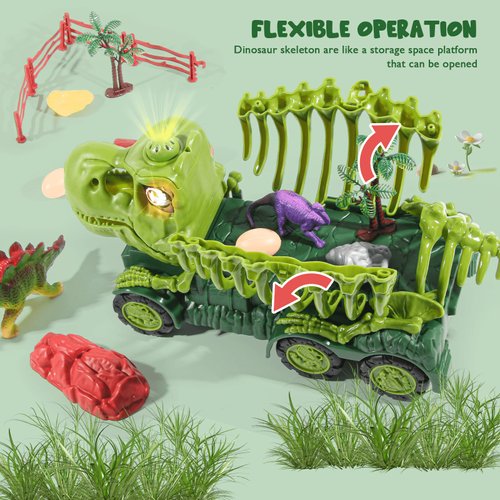 cobefy Dinosaur Transport Truck Toy with Lights & Sounds, Dino Figures Fossil Skeleton Toy Vehicle Playset for 3 Years Old and Up Boys Girls, Birthday Present Gift for Kids Children Toddler 3 4 5 6 7