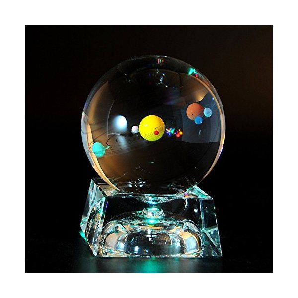 Solar System 3D Crystal Ball with LED lamp Base Clear 80mm (3.15 inch) Glass Birthday Gift for Kids, Teacher of Physics, Valentine's Day Gifts, Lover of The Universe, Boy/Friend, Classmates