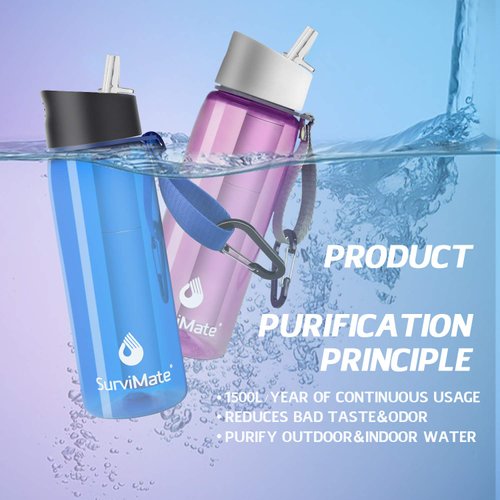 SurviMate Purified Water Bottle for Camping, Hiking, Backpacking and Travel, BPA Free with 4-Stage Intergrated Filter Straw