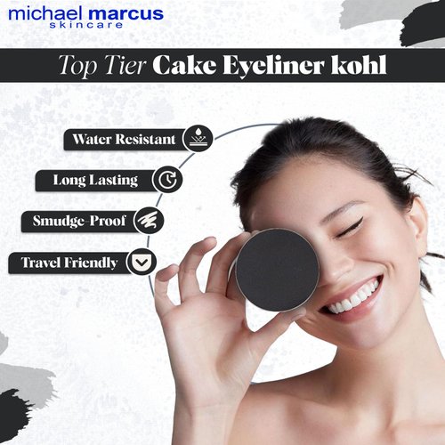 michael marcus Cake Eyeliner & Brush - 2 Piece Water Activated Dry Pressed Eyeliner & Professional Brush - Long-Lasting, Vibrant Color, Smudge Resistant - Cruelty Free Paraben Free (Kohl)