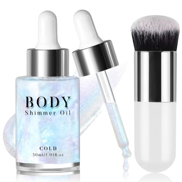HOSAILY Body Shimmer Oil, Face Body Glitter Moisturizing Liquid Highlighter Illuminator Shine Drops Body Luminizer Glowing Makeup Non-Sticky Holographic Glitter Oil Under Light (Icy Blue)
